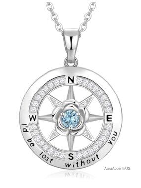 Compass Necklace 925 Sterling Silver 18K White Gold Plated CZ Pendant